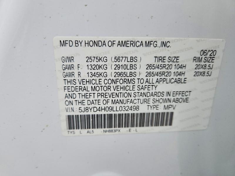 46087606 :رقم المزاد ، 5J8YD4H09LL032498 vin ، 2020 Acura Mdx مزاد بيع