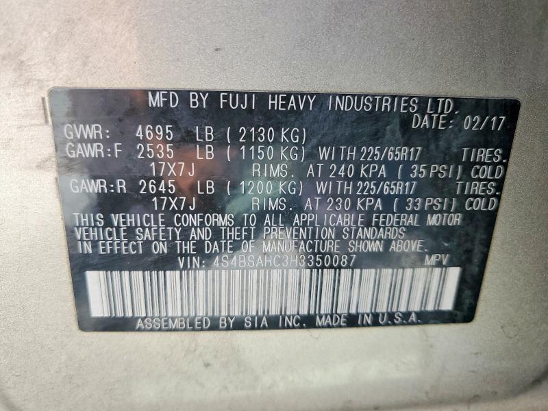 Aukcja sprzedaży 2017 Subaru Outback, vin: 4S4BSAHC3H3350087, numer aukcji: 47245246