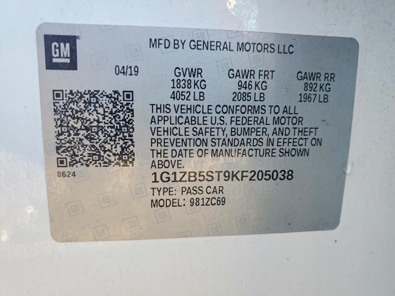 Auction sale of the 2019 Chevrolet Malibu, vin: 1G1ZB5ST9KF205038, lot number: 79355005