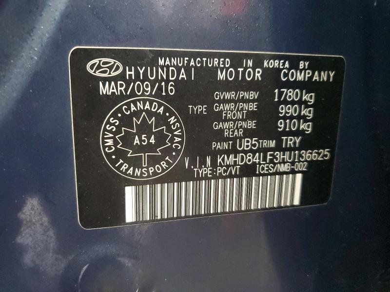 46290496 :رقم المزاد ، KMHD84LF3HU136625 vin ، 2017 Hyundai Elantra مزاد بيع