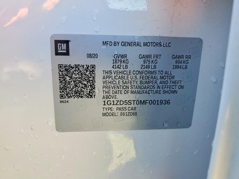 Продаж на аукціоні авто 2021 Chevrolet Malibu, vin: 1G1ZD5ST0MF001936, номер лоту: 45938236