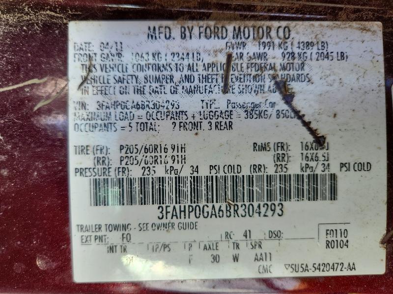 2011 Ford Fusion მანქანა იყიდება აუქციონზე, vin: 3FAHP0GA6BR304293, აუქციონის ნომერი: 46465306