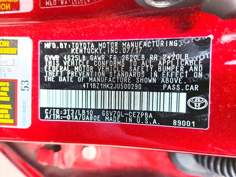 2018 Toyota Camry მანქანა იყიდება აუქციონზე, vin: 4T1BZ1HK2JU500290, აუქციონის ნომერი: 47956366