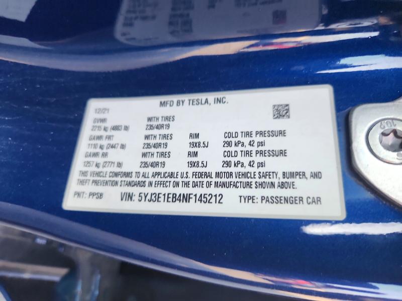 47652566 :رقم المزاد ، 5YJ3E1EB4NF145212 vin ، 2022 Tesla Model 3 مزاد بيع