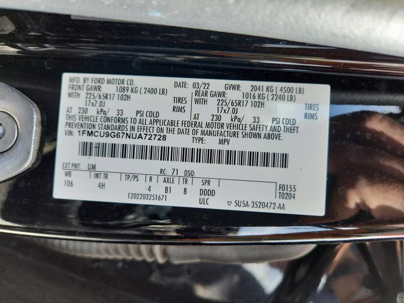 2022 Ford Escape მანქანა იყიდება აუქციონზე, vin: 1FMCU9G67NUA72728, აუქციონის ნომერი: 47271496