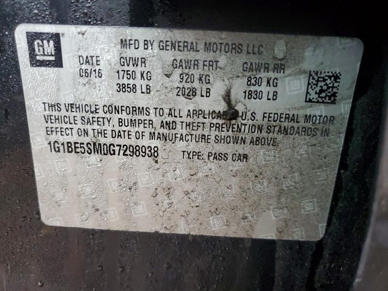 2016 Chevrolet Cruze მანქანა იყიდება აუქციონზე, vin: 1G1BE5SM0G7298938, აუქციონის ნომერი: 79774645