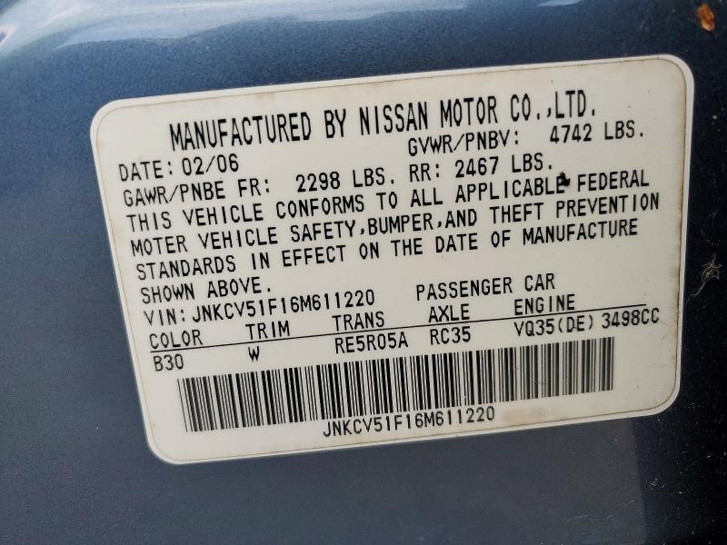 41647076 :رقم المزاد ، JNKCV51F16M611220 vin ، 2006 Infiniti G35 مزاد بيع