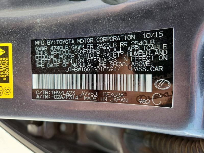 Продажа на аукционе авто 2016 Lexus Es 300h, vin: JTHBW1GG1G2108947, номер лота: 47393846