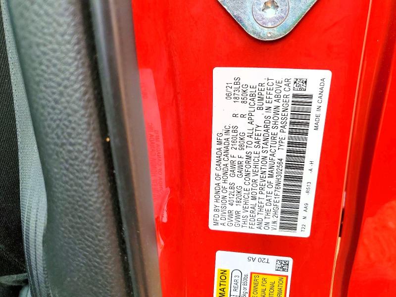Aukcja sprzedaży 2022 Honda Civic, vin: 2HGFE1F76NH302564, numer aukcji: 46668426