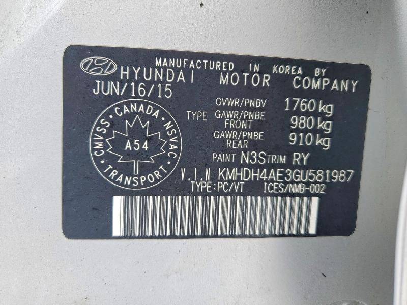 46609686 :رقم المزاد ، KMHDH4AE3GU581987 vin ، 2016 Hyundai Elantra مزاد بيع