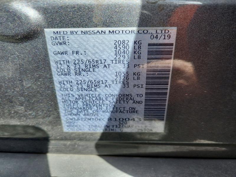79784875 :رقم المزاد ، 5N1AT2MT0KC810043 vin ، 2019 Nissan Rogue مزاد بيع