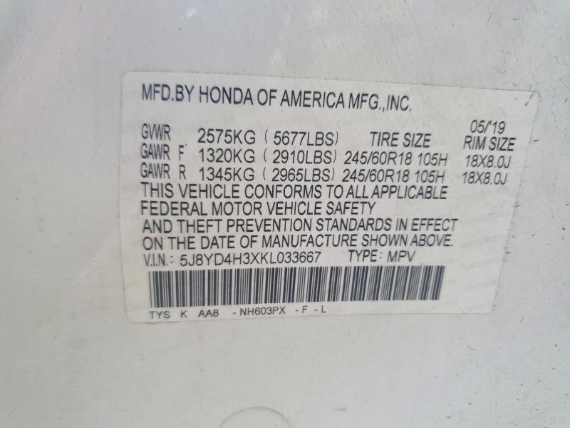 47695126 :رقم المزاد ، 5J8YD4H3XKL033667 vin ، 2019 Acura Mdx مزاد بيع