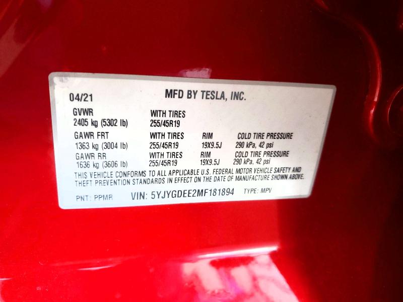 Продажа на аукционе авто 2021 Tesla Model Y, vin: 5YJYGDEE2MF181894, номер лота: 79953915