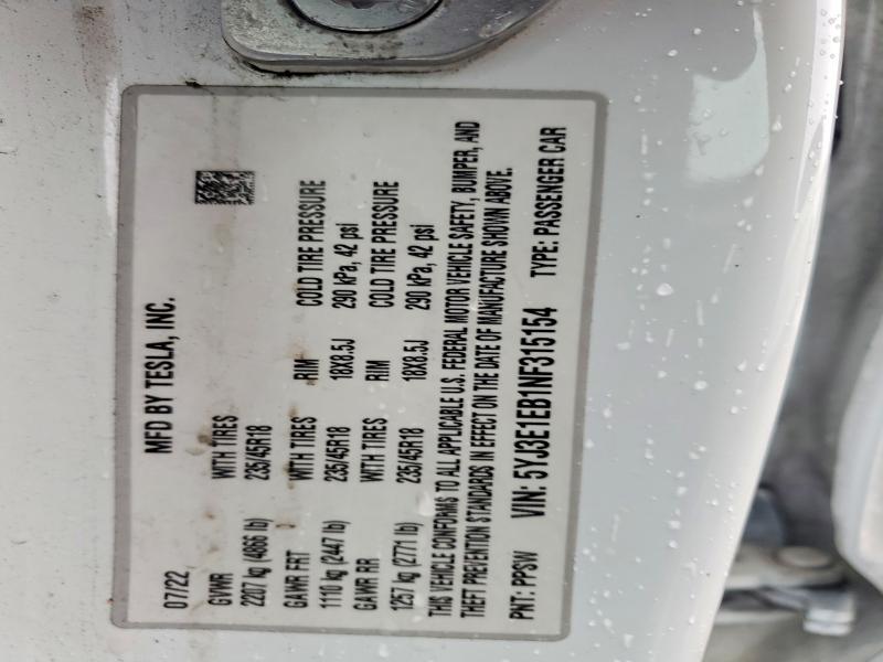 Продажа на аукционе авто 2022 Tesla Model 3, vin: 5YJ3E1EB1NF315154, номер лота: 79716155