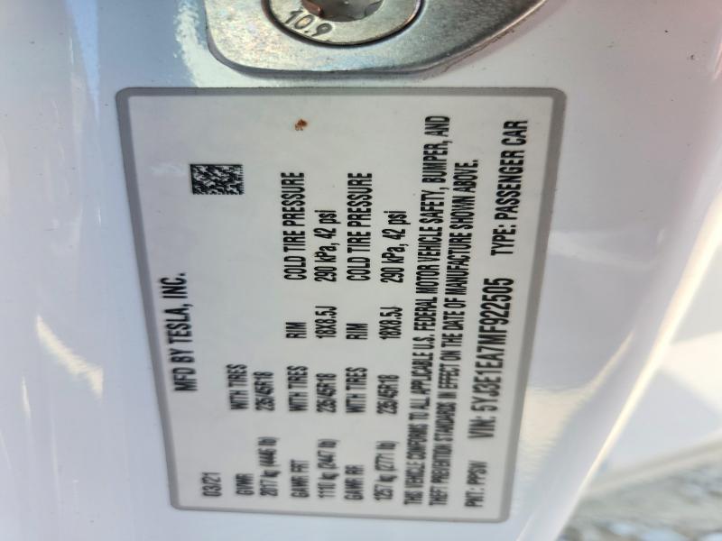 Продаж на аукціоні авто 2021 Tesla Model 3, vin: 5YJ3E1EA7MF922505, номер лоту: 46731756