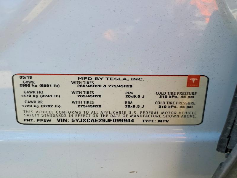 2018 Tesla Model X მანქანა იყიდება აუქციონზე, vin: 5YJXCAE29JF099944, აუქციონის ნომერი: 79370305