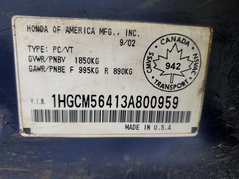 Aukcja sprzedaży 2003 Honda Accord, vin: 1HGCM56413A800959, numer aukcji: 79713565