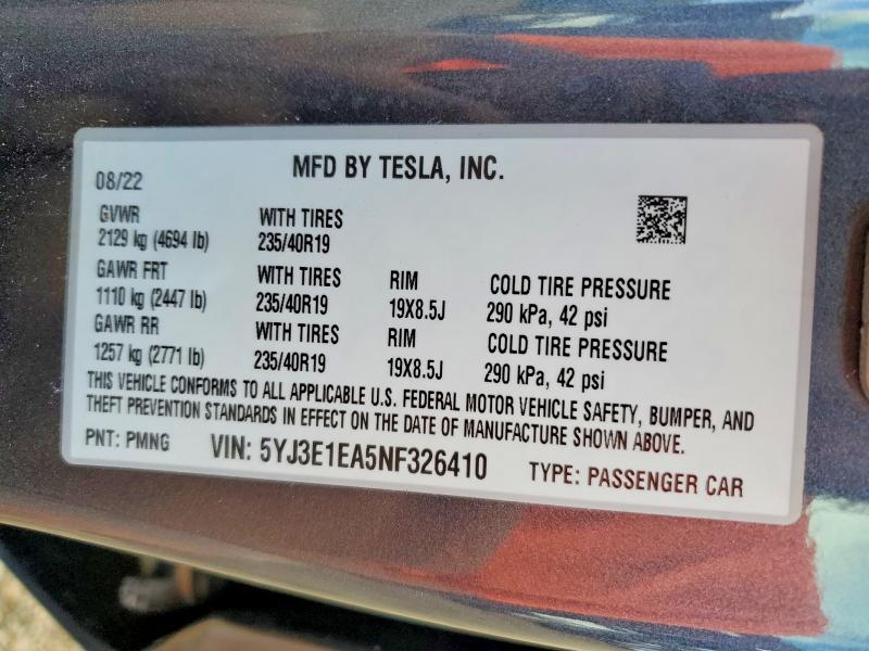 Auction sale of the 2022 Tesla Model 3, vin: 5YJ3E1EA5NF326410, lot number: 41815646