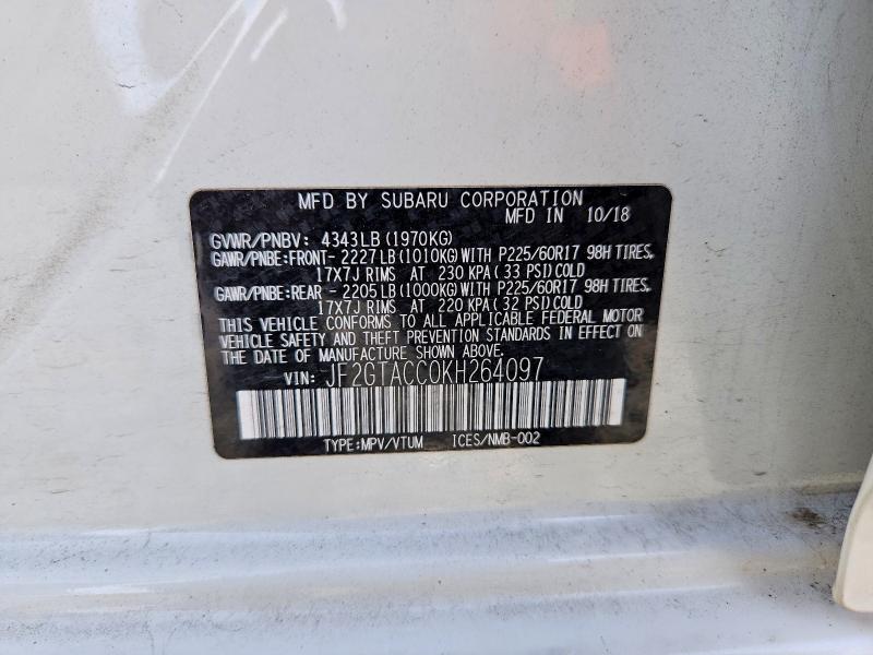 Aukcja sprzedaży 2019 Subaru Crosstrek, vin: JF2GTACC0KH264097, numer aukcji: 45627556