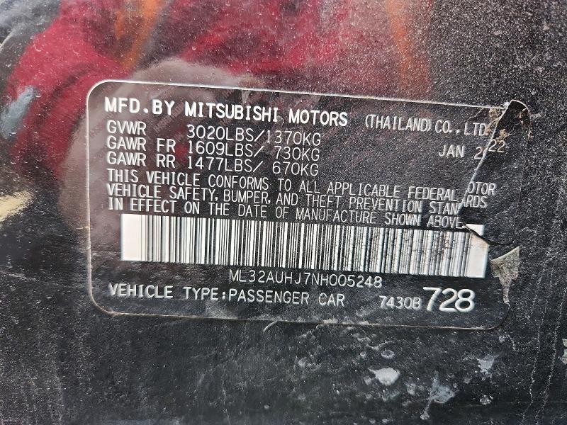 47089986 :رقم المزاد ، ML32AUHJ7NH005248 vin ، 2022 Mitsubishi Mirage مزاد بيع