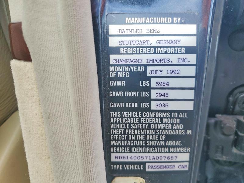 Продаж на аукціоні авто 1993 Mercedes Benz Unknown, vin: WDB1400571A097687, номер лоту: 47622826