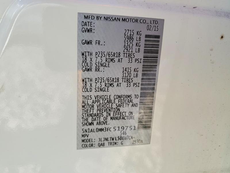 41796616 :رقم المزاد ، 5N1AL0MM3FC519751 vin ، 2015 Infiniti Qx60 مزاد بيع