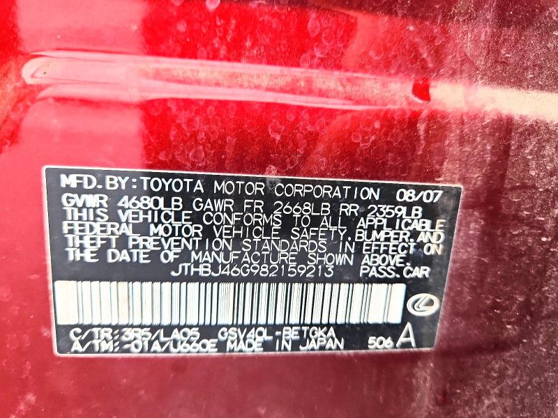 Aukcja sprzedaży 2008 Lexus Es 350, vin: JTHBJ46G982159213, numer aukcji: 41582566