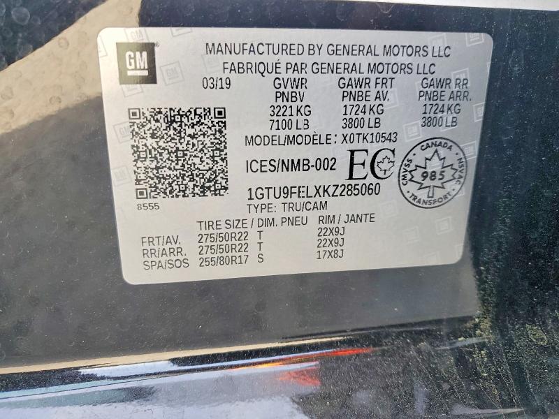 46439926 :رقم المزاد ، 1GTU9FELXKZ285060 vin ، 2019 Gmc Sierra مزاد بيع