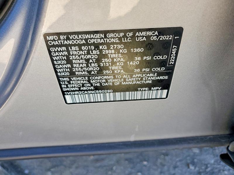46120006 :رقم المزاد ، 1V2HR2CA3NC550290 vin ، 2022 Volkswagen Atlas مزاد بيع