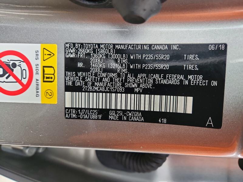 46736296 :رقم المزاد ، 2T2BZMCA8JC157093 vin ، 2018 Lexus Rx 350 مزاد بيع