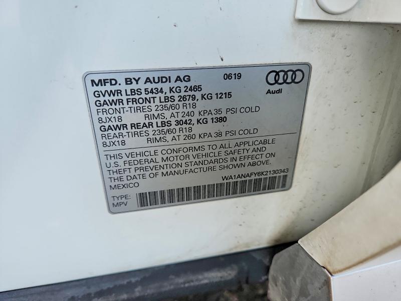 46942126 :رقم المزاد ، WA1ANAFY6K2130343 vin ، 2019 Audi Q5 مزاد بيع