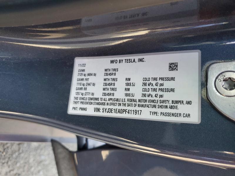 2023 Tesla Model 3 მანქანა იყიდება აუქციონზე, vin: 5YJ3E1EA0PF411917, აუქციონის ნომერი: 47300006