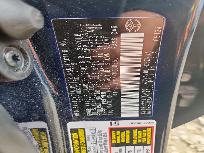 79272325 :رقم المزاد ، 4T1B11HK4KU830859 vin ، 2019 Toyota Camry مزاد بيع