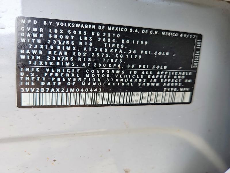 Продаж на аукціоні авто 2018 Volkswagen Tiguan, vin: 3VV2B7AX2JM040443, номер лоту: 47304006