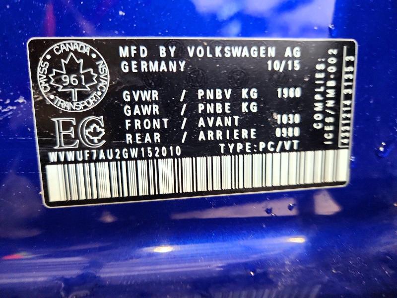 2016 Volkswagen Golf R მანქანა იყიდება აუქციონზე, vin: WVWUF7AU2GW152010, აუქციონის ნომერი: 47246386