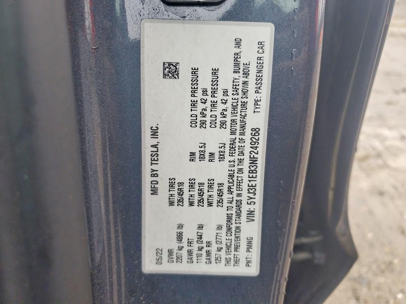 Aukcja sprzedaży 2022 Tesla Model 3, vin: 5YJ3E1EB3NF249268, numer aukcji: 78840485