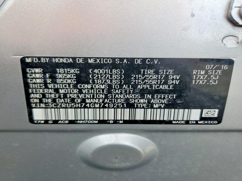 79316145 :رقم المزاد ، 3CZRU5H74GM749251 vin ، 2016 Honda Hr-v مزاد بيع