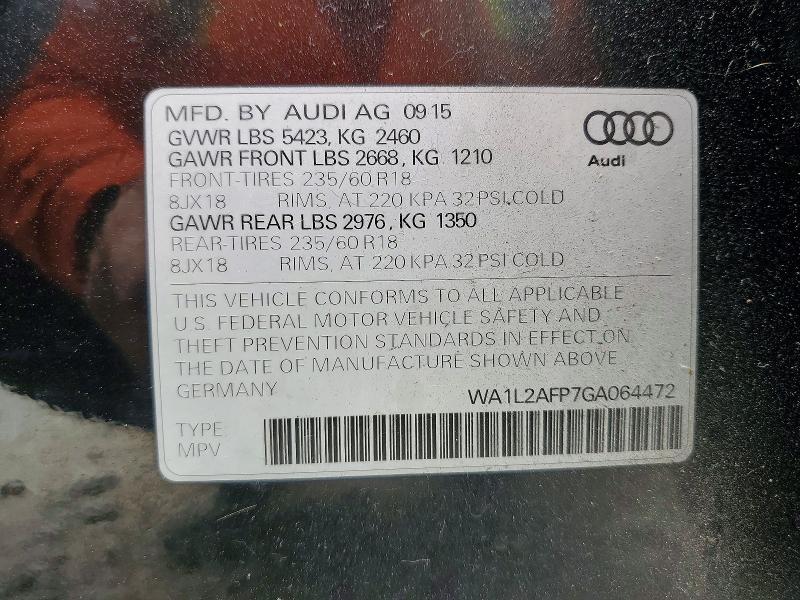 2016 Audi Q5 მანქანა იყიდება აუქციონზე, vin: WA1L2AFP7GA064472, აუქციონის ნომერი: 79887115