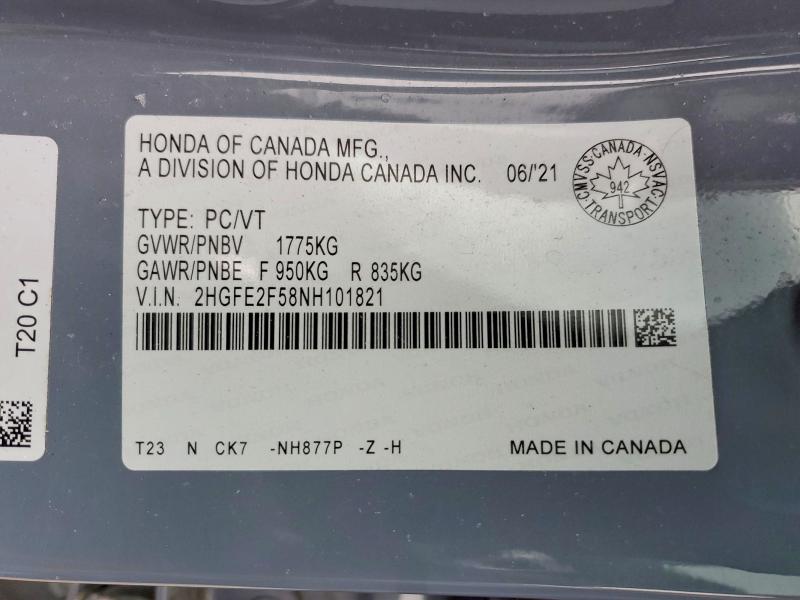 2022 Honda Civic მანქანა იყიდება აუქციონზე, vin: 2HGFE2F58NH101821, აუქციონის ნომერი: 46237406
