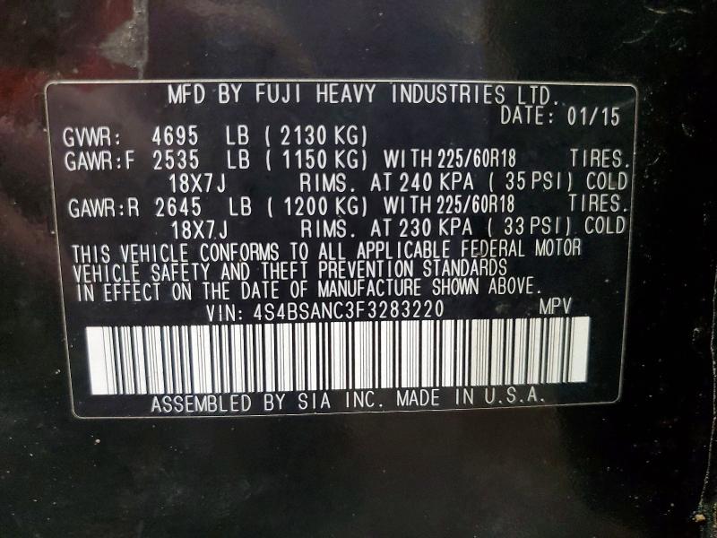 2015 Subaru Outback მანქანა იყიდება აუქციონზე, vin: 4S4BSANC3F3283220, აუქციონის ნომერი: 79959645