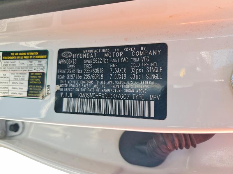 Aukcja sprzedaży 2013 Hyundai Santa Fe, vin: KM8SNDHFXDU007607, numer aukcji: 47937206