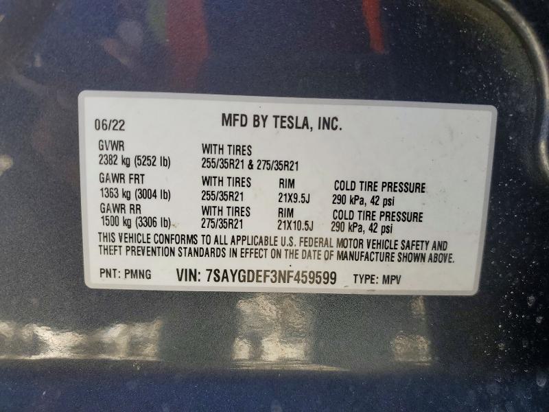 Продажа на аукционе авто 2022 Tesla Model Y, vin: 7SAYGDEF3NF459599, номер лота: 46816066