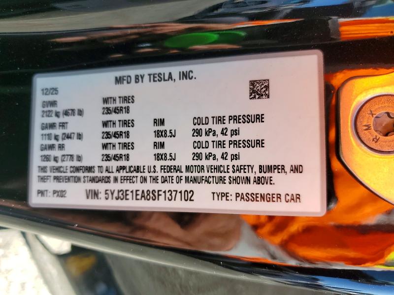 Aukcja sprzedaży 2025 Tesla Model 3, vin: 5YJ3E1EA8SF137102, numer aukcji: 41611236