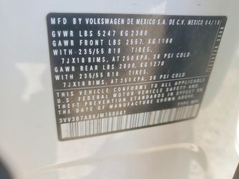 2018 Volkswagen Tiguan მანქანა იყიდება აუქციონზე, vin: 3VV3B7AX6JM150061, აუქციონის ნომერი: 41844886