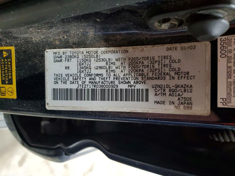 Продаж на аукціоні авто 2003 Toyota 4runner, vin: JTEZT17R038000929, номер лоту: 47603546