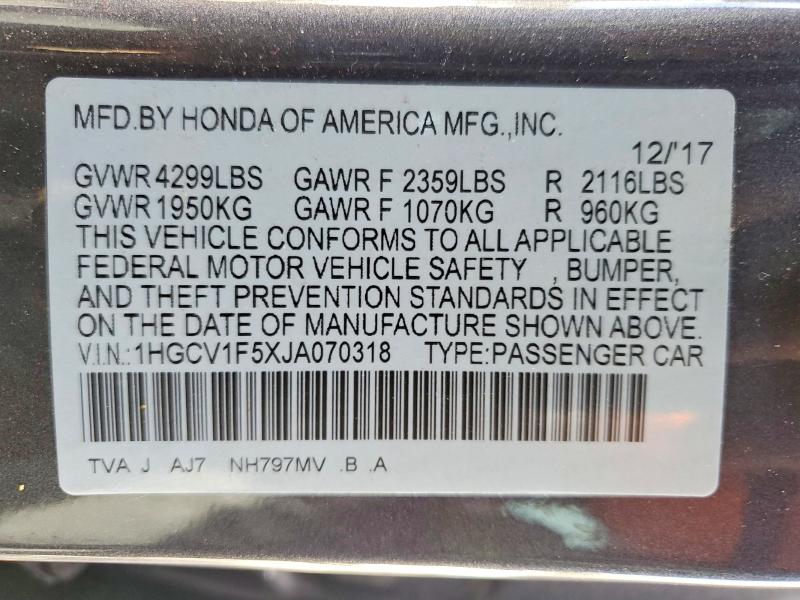 2018 Honda Accord მანქანა იყიდება აუქციონზე, vin: 1HGCV1F5XJA070318, აუქციონის ნომერი: 79884925