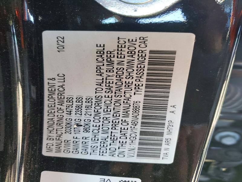 Aukcja sprzedaży 2022 Honda Accord, vin: 1HGCV1F46NA088876, numer aukcji: 47463886