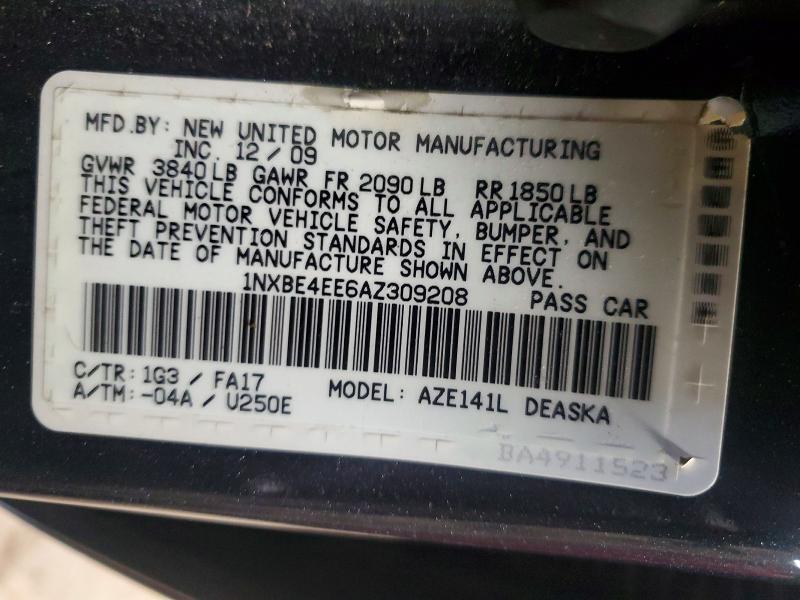 2010 Toyota Corolla მანქანა იყიდება აუქციონზე, vin: 1NXBE4EE6AZ309208, აუქციონის ნომერი: 42022126
