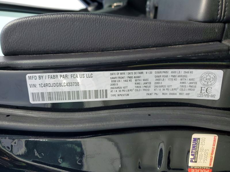 2020 Dodge Durango მანქანა იყიდება აუქციონზე, vin: 1C4RDJDG8LC433738, აუქციონის ნომერი: 46527246