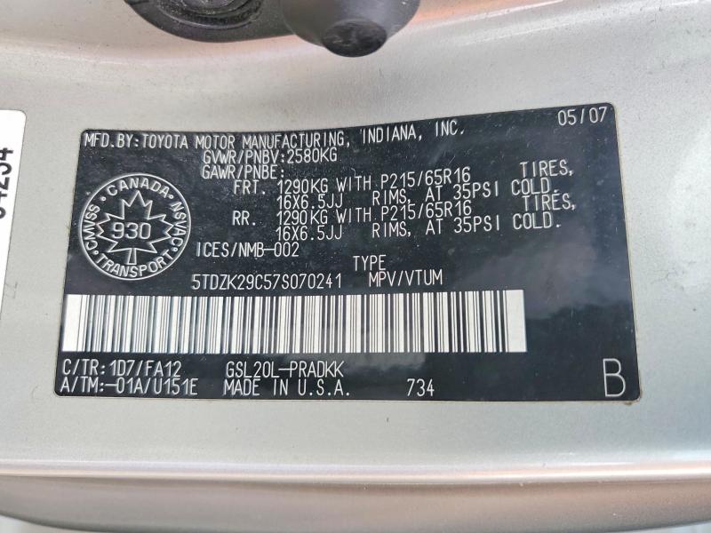 Продажа на аукционе авто 2007 Toyota Sienna, vin: 5TDZK29C57S070241, номер лота: 47012846